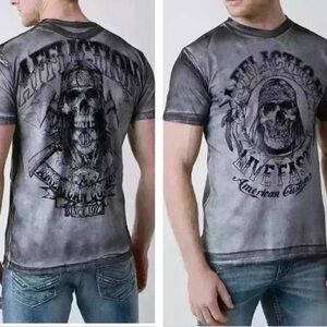 AFFLICTION LIVE FAST American Customs Graphic T-SHIRT Distressed Black & Grey XL